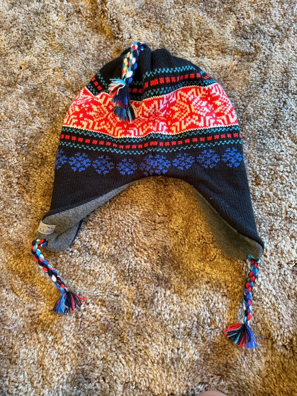Vintage L.L Bean Nordic Fair Isle Earflap Beanie Hat Fleece Lined Tassel Trapper